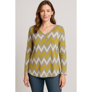 TACERA Women's‎ XL Chevron Stripe Long Sleeve V-Neck Knit Top Gray Mustard White